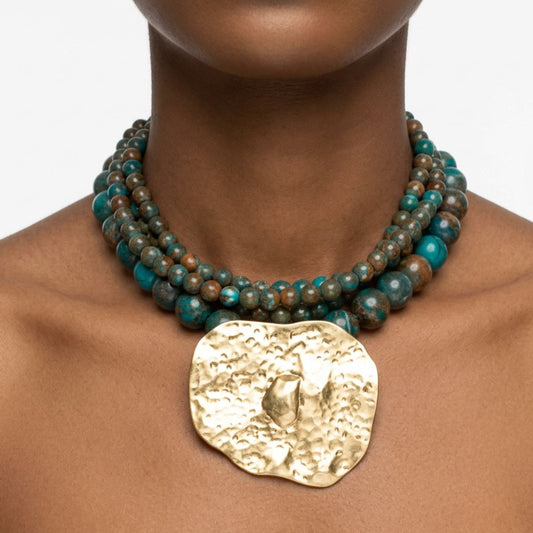 Tribal Lake Blue Stone Bead Hammered Gold Necklace