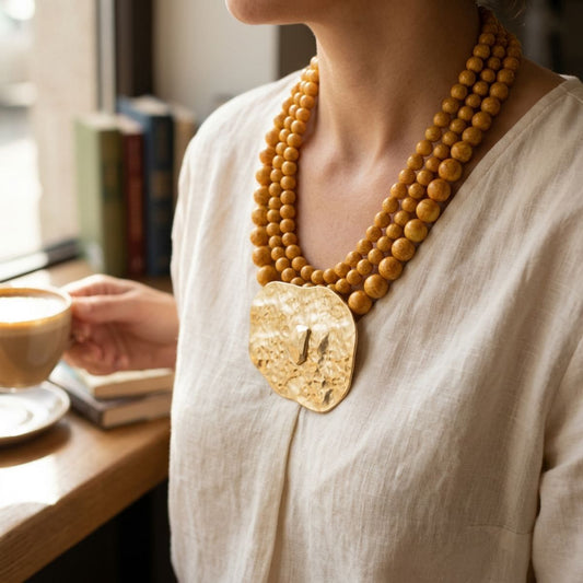 Tribal Yellow Stone Bead Hammered Gold Necklace