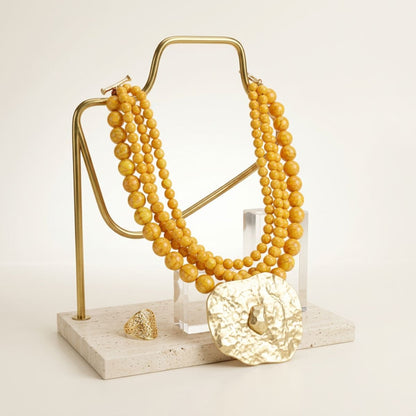 Tribal Yellow Stone Bead Hammered Gold Necklace