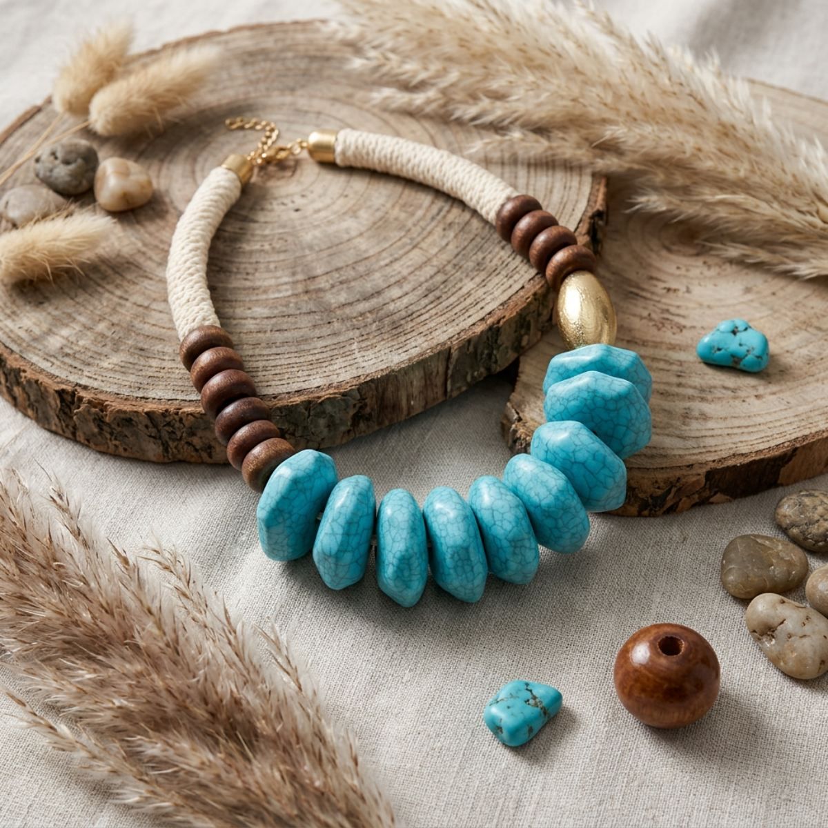 Tribal Rope Wood and Turquoise Bead Necklace