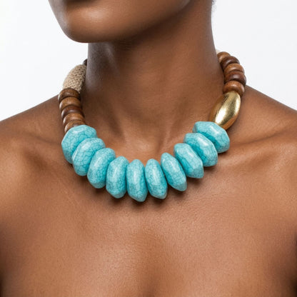 Tribal Rope Wood and Turquoise Bead Necklace