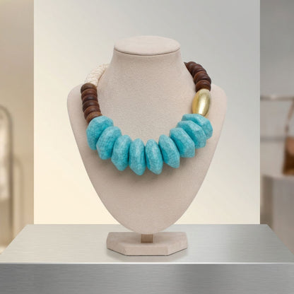 Tribal Rope Wood and Turquoise Bead Necklace
