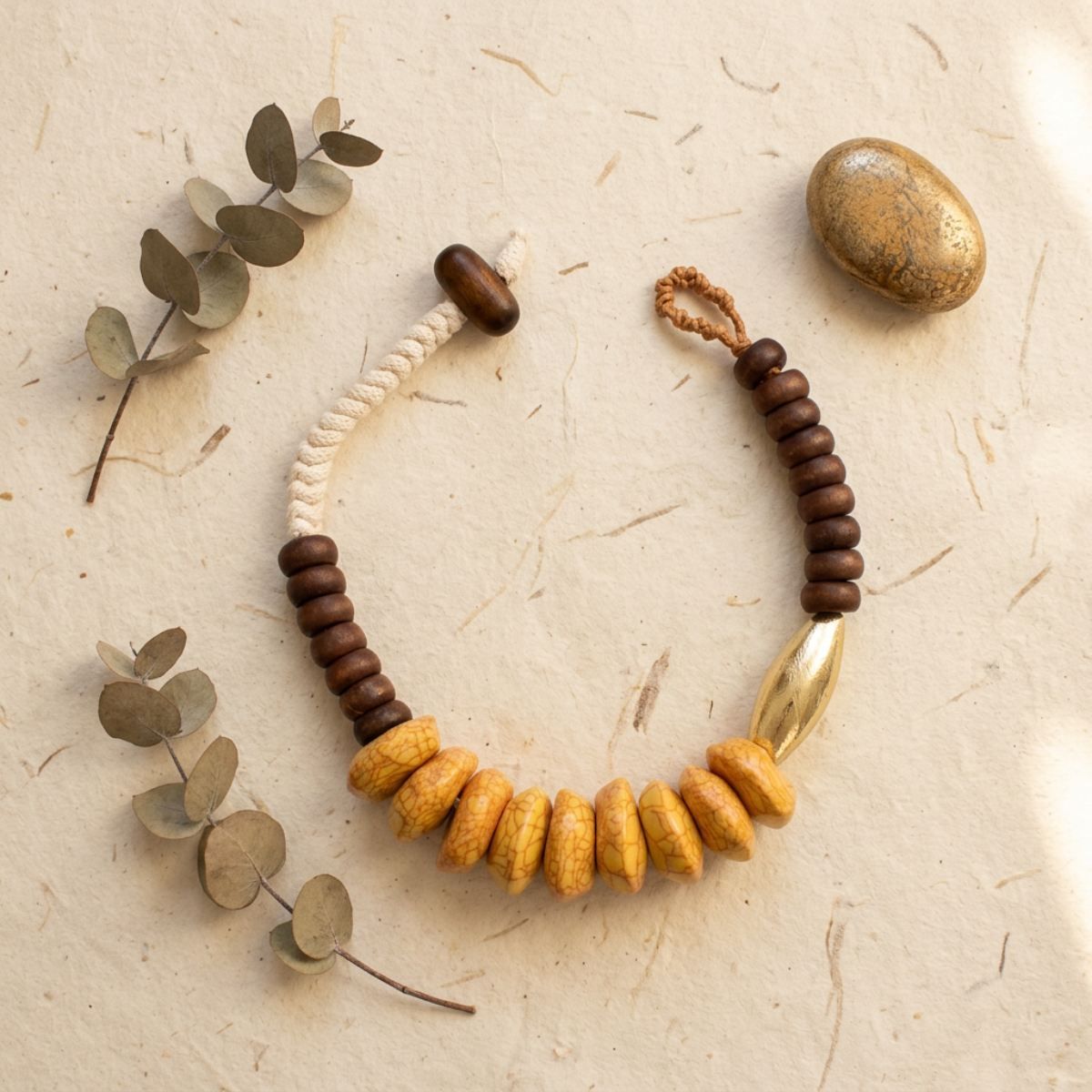 Tribal Rope Wood and Cracked Yellow Bead Necklace