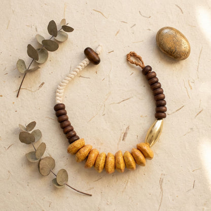 Tribal Rope Wood and Cracked Yellow Bead Necklace