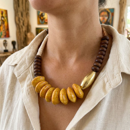 Tribal Rope Wood and Cracked Yellow Bead Necklace