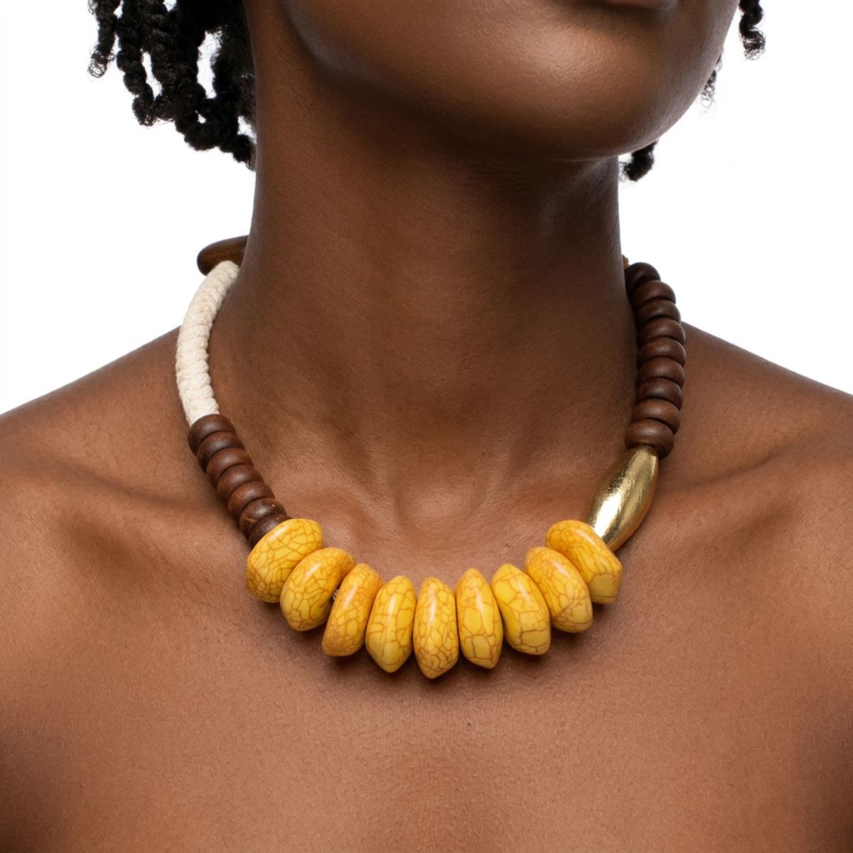 Tribal Rope Wood and Cracked Yellow Bead Necklace