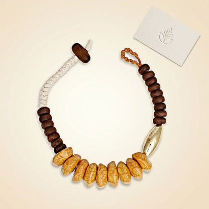 Tribal Rope Wood and Cracked Yellow Bead Necklace