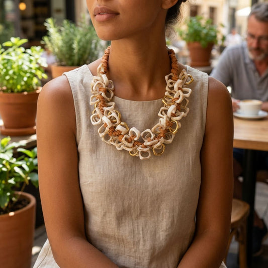 Tribal Marble Ivory Square Leather Woven Necklace