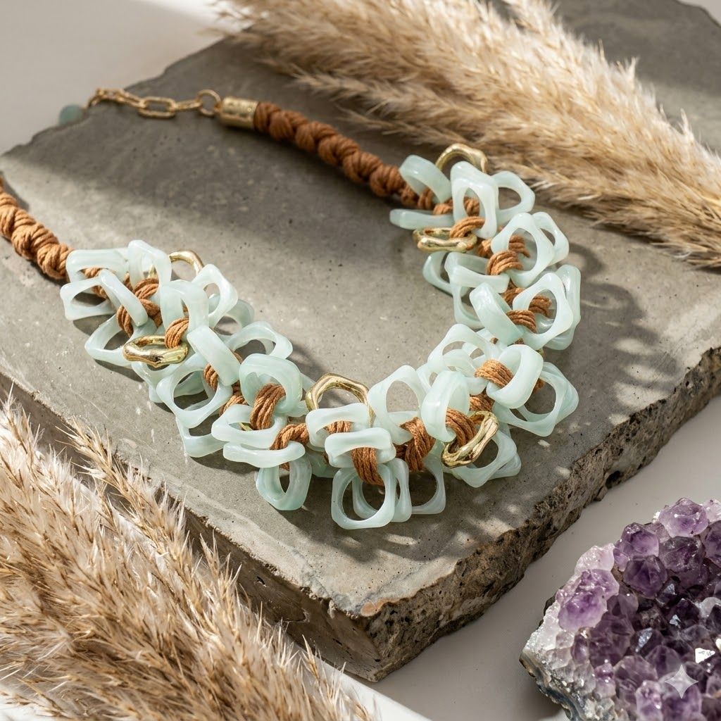 Tribal Marble Mint Square Leather Woven Necklace