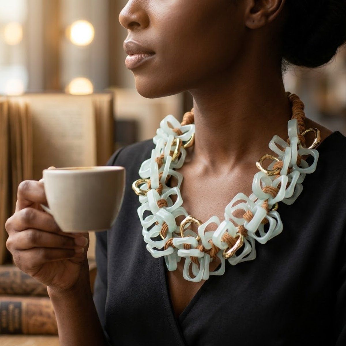 Tribal Marble Mint Square Leather Woven Necklace