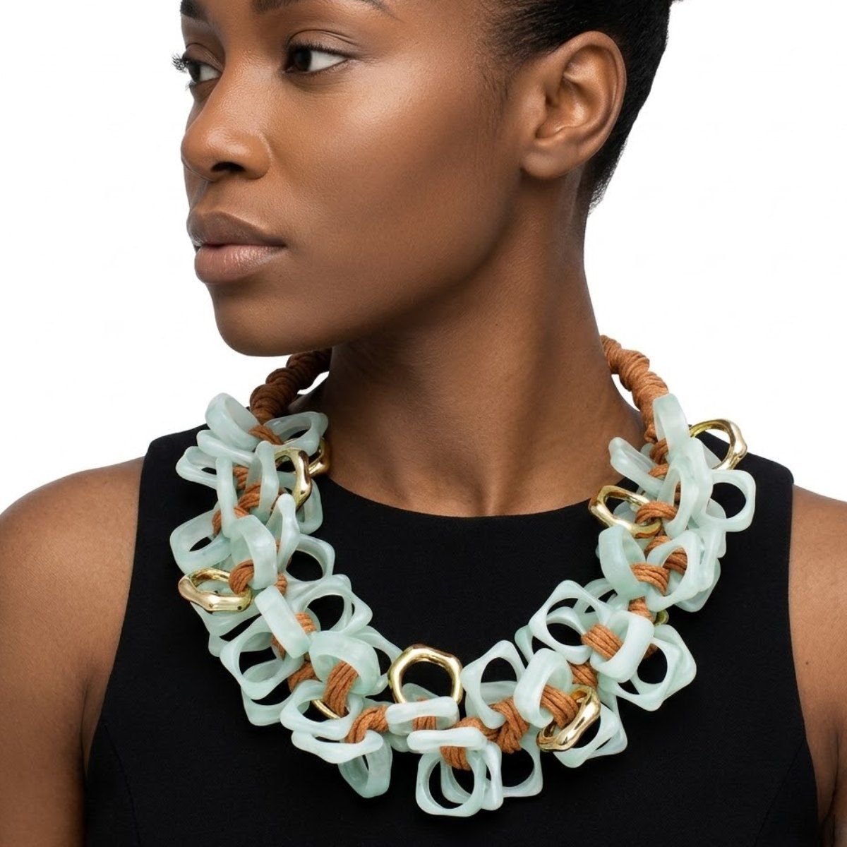 Tribal Marble Mint Square Leather Woven Necklace