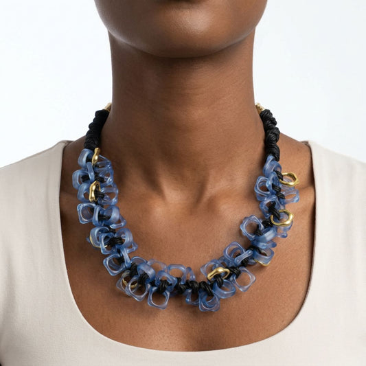 Tribal Marble Blue Square Leather Woven Necklace