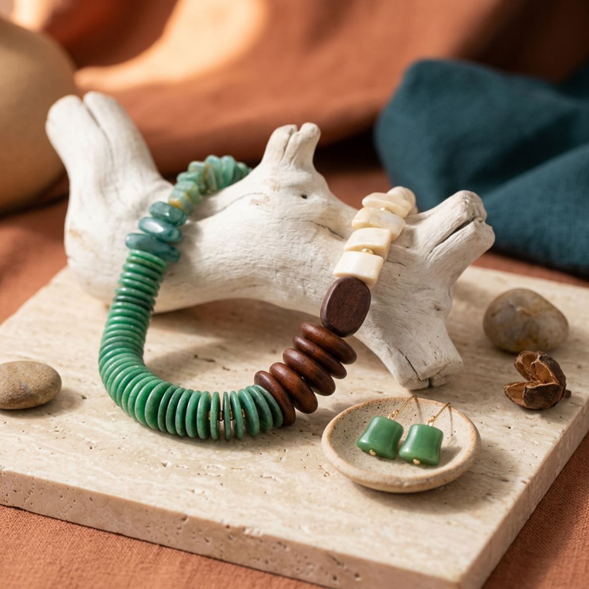 Tribal Asymmetrical Green and Wood Bead Necklace