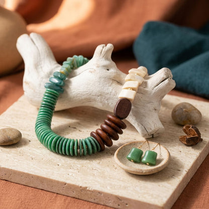 Tribal Asymmetrical Green and Wood Bead Necklace