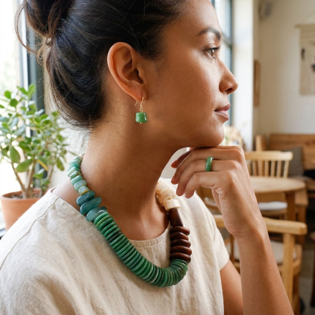 Tribal Asymmetrical Green and Wood Bead Necklace