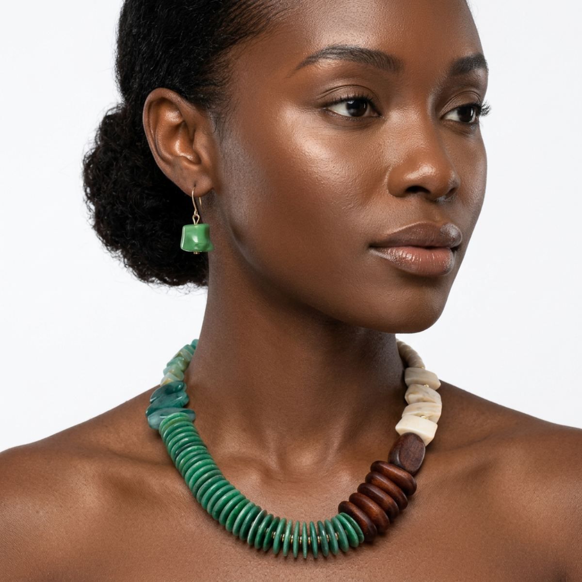 Tribal Asymmetrical Green and Wood Bead Necklace