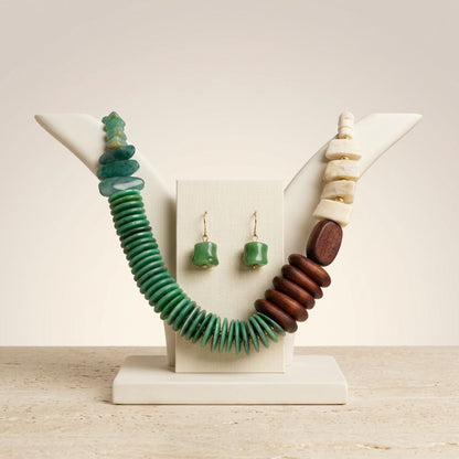 Tribal Asymmetrical Green and Wood Bead Necklace