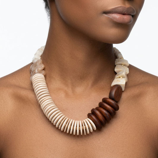 Tribal Asymmetrical Ivory and Wood Bead Necklace