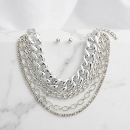 Silver Multi Link Style 4 Layer Chain Necklace