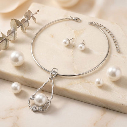 Silver Wavy Teardrop Pearl Pendant Choker Necklace