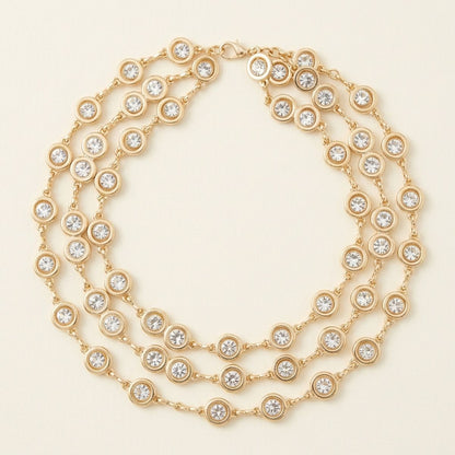 Gold 3 Layer Bezel Crystal Station Chain Necklace