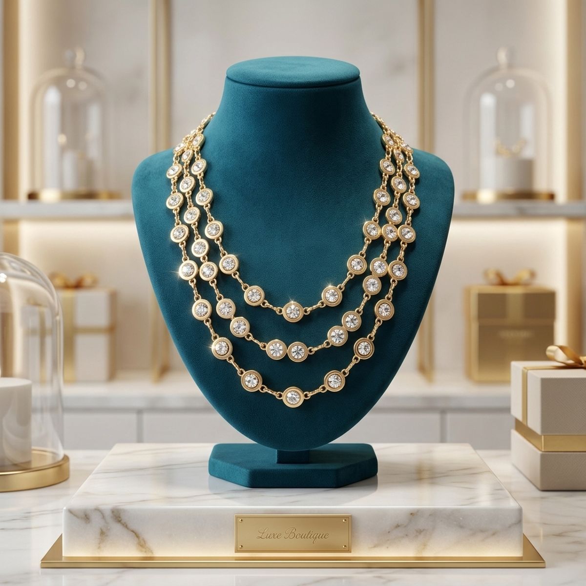 Gold 3 Layer Bezel Crystal Station Chain Necklace