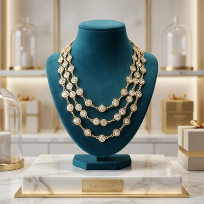Gold 3 Layer Bezel Crystal Station Chain Necklace