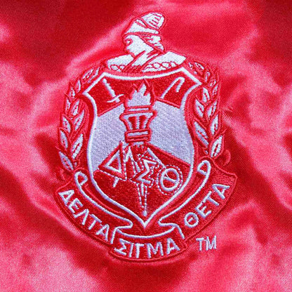 DST Greek Apparel L Cropped Satin Varsity Jacket