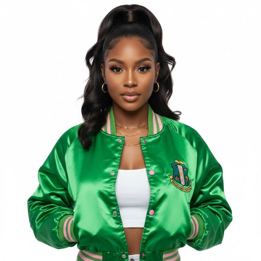 AKA Greek Apparel S Cropped Satin Varsity Jacket