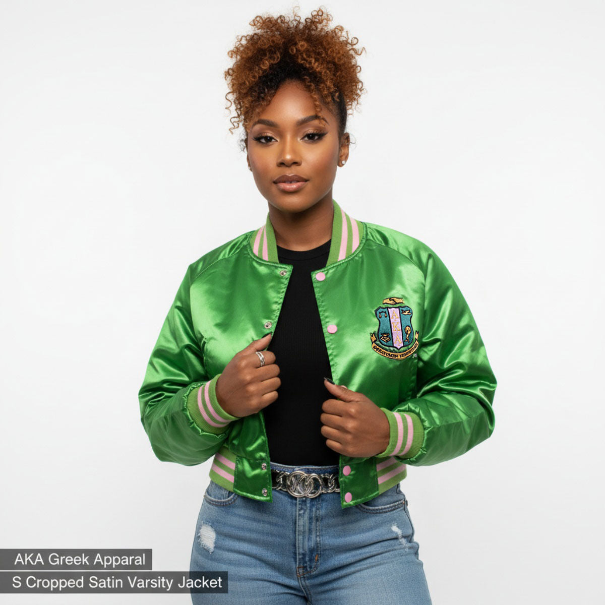 AKA Greek Apparel S Cropped Satin Varsity Jacket