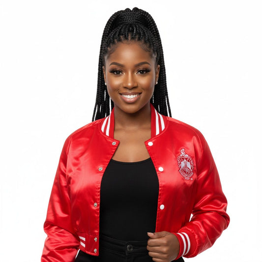 DST Greek Apparel S Cropped Satin Varsity Jacket