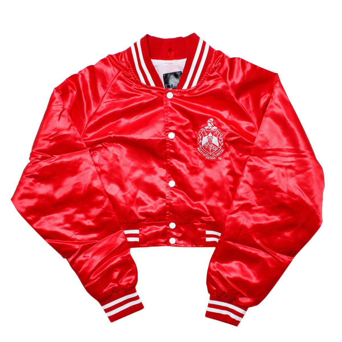 DST Greek Apparel S Cropped Satin Varsity Jacket