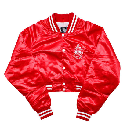 DST Greek Apparel S Cropped Satin Varsity Jacket