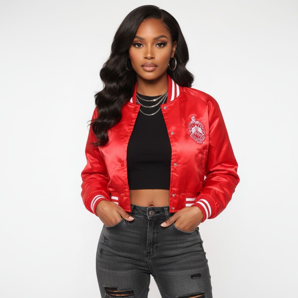 DST Greek Apparel S Cropped Satin Varsity Jacket