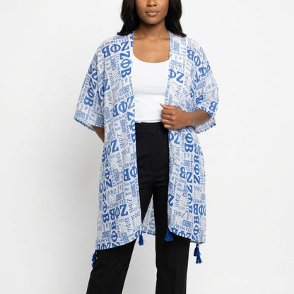 ZPB Blue and White Graphic Print Viscose Kimono