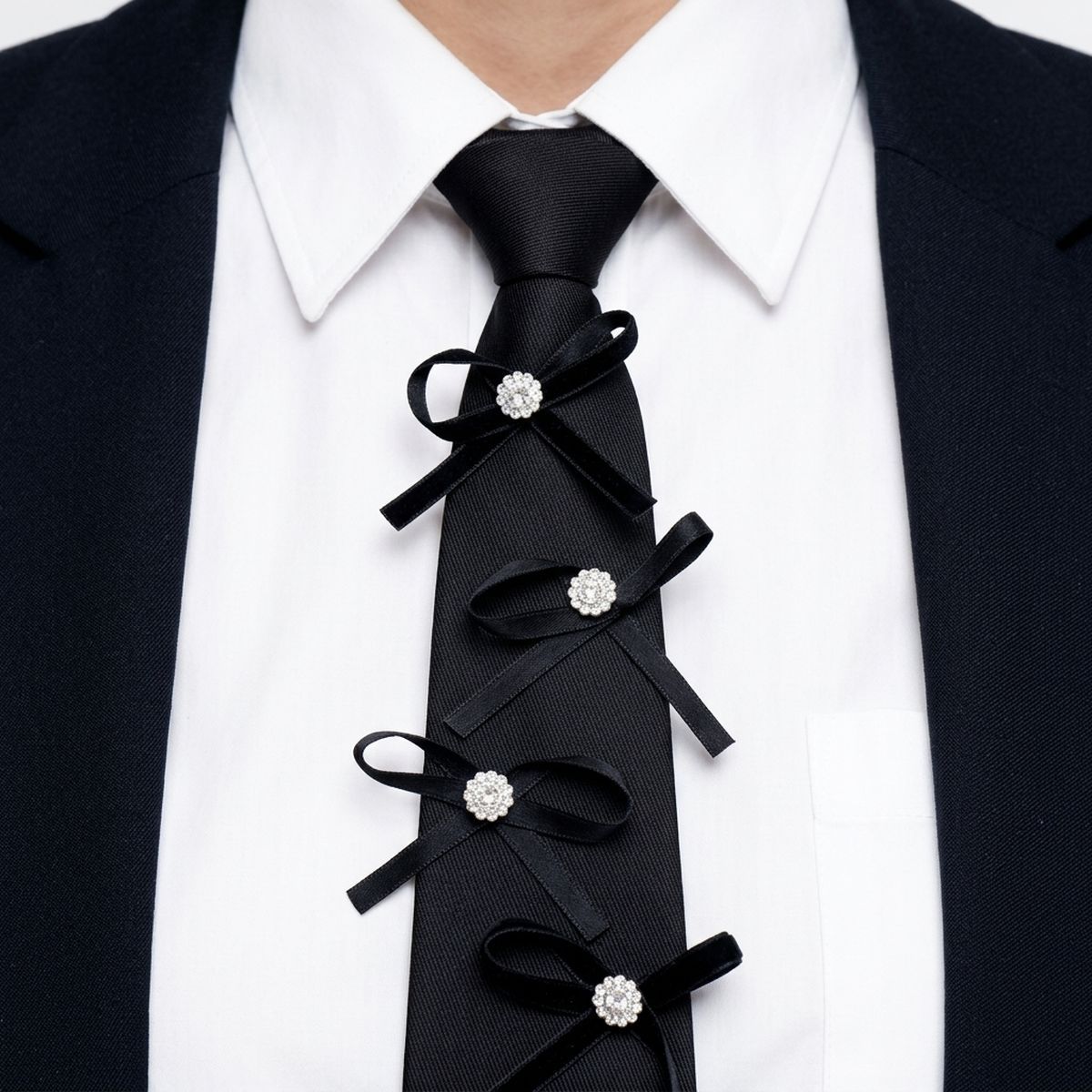Black Rhinestone Ribbon Bow Necktie Necklace