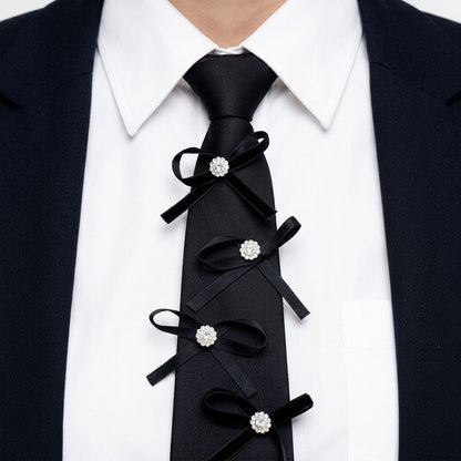 Black Rhinestone Ribbon Bow Necktie Necklace
