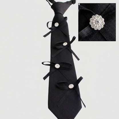 Black Rhinestone Ribbon Bow Necktie Necklace
