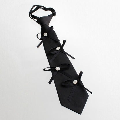 Black Rhinestone Ribbon Bow Necktie Necklace