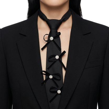 Black Rhinestone Ribbon Bow Necktie Necklace