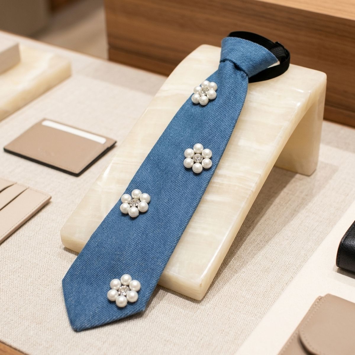 Blue Denim Cream Pearl Flower Necktie Necklace