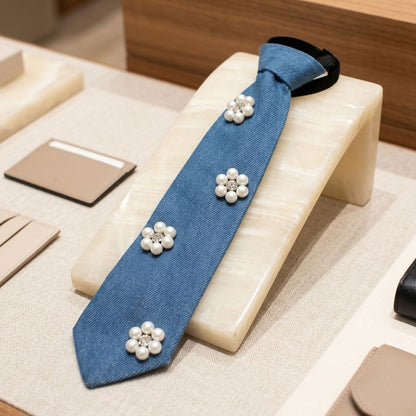 Blue Denim Cream Pearl Flower Necktie Necklace