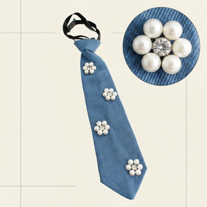 Blue Denim Cream Pearl Flower Necktie Necklace