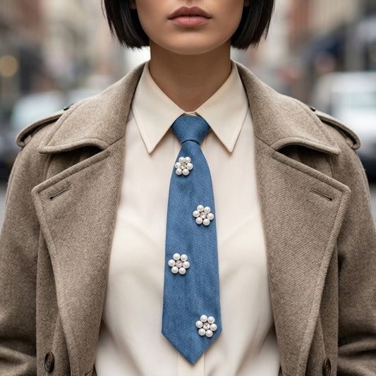 Blue Denim Cream Pearl Flower Necktie Necklace