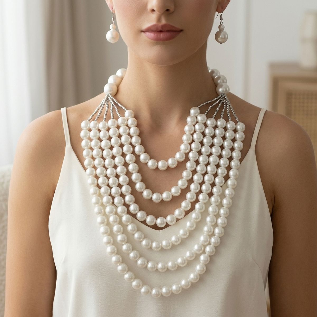 White Pearl Long Layer 6 Strand Chunky Necklace