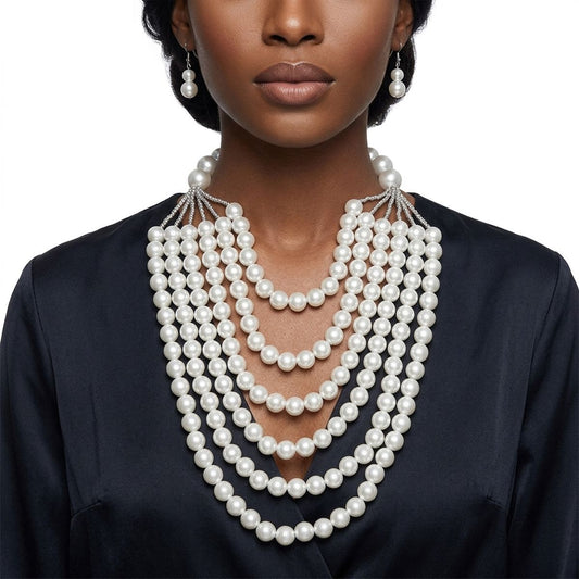 White Pearl Long Layer 6 Strand Chunky Necklace
