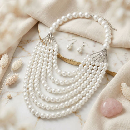 White Pearl Long Layer 6 Strand Chunky Necklace