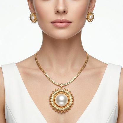 Gold Cobra Chain Sunflower Pearl Pendant Necklace
