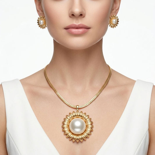 Gold Cobra Chain Sunflower Pearl Pendant Necklace