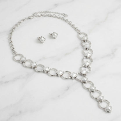 Y Silver Round Link White Pearl Pyramid Necklace